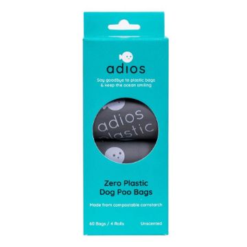 Adios Zero Plastic Poo Bags GREY 4 x Rolls / 60 x Bags Non-Handle x 1