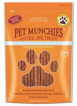 Pet Munchies Dog Treats Wild Salmon & Sweet Potato Dental Sticks 90g x 8