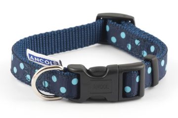Ancol Nylon Adjustable Collar Navy & Sky Blue Polka 20-30cm Size 1-2 x 1