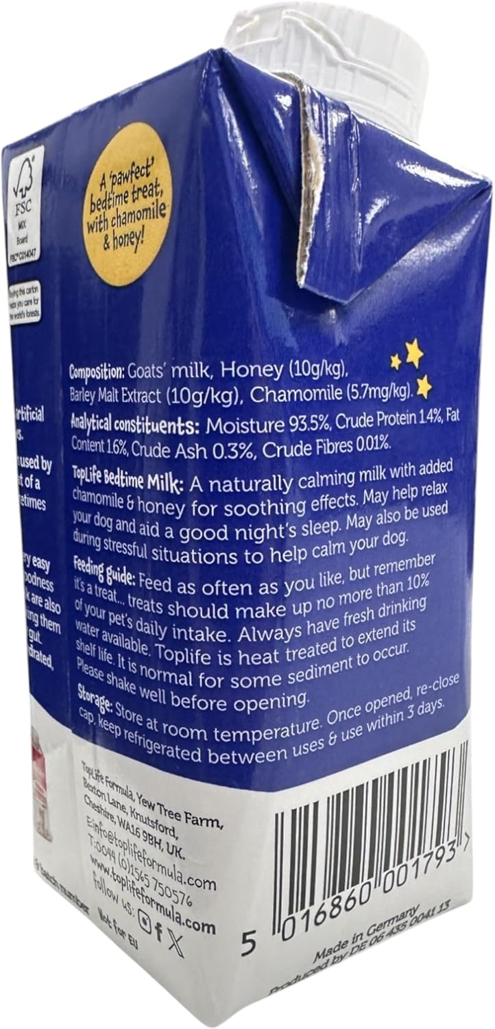 TopLife Bedtime Calming Milk for Dogs - Keeps Dogs Hydrated - Chamomile & Honey Goats' Milk, 12 x 200ml