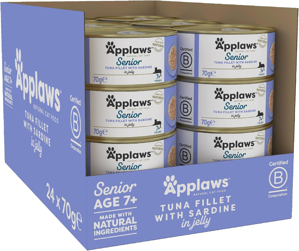 Applaws Natural Senior Wet Cat Food, Tuna with Sardines in a Soft Mousse 70g Tin(Pack of 24 x 70g Tins)