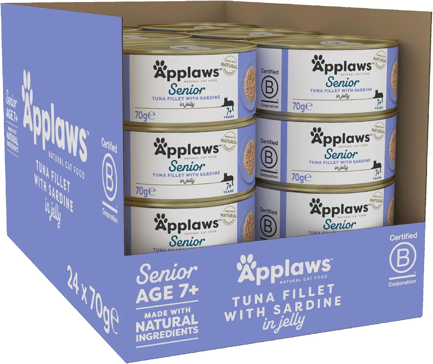 Applaws Natural Senior Wet Cat Food, Tuna with Sardines in a Soft Mousse 70g Tin(Pack of 24 x 70g Tins)