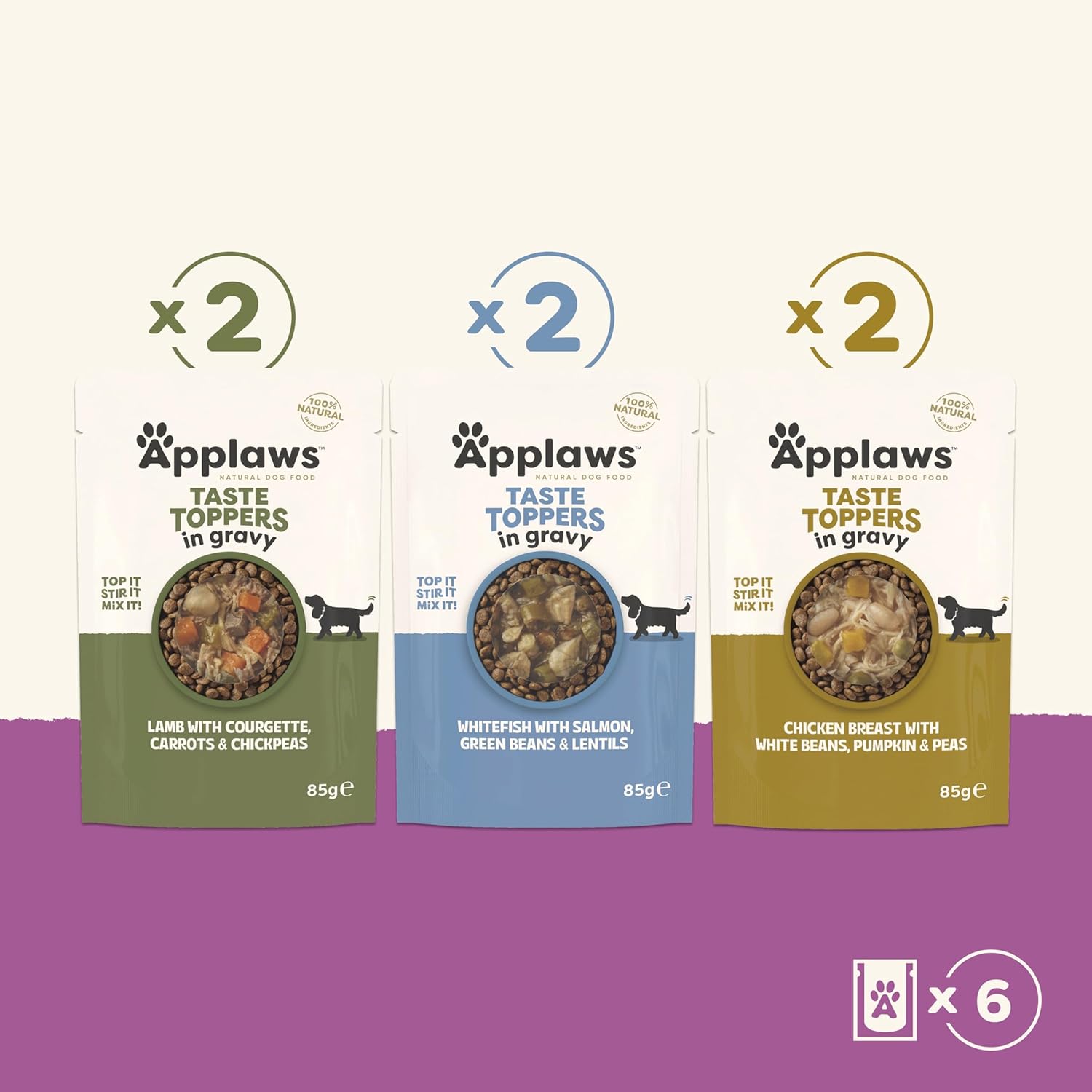 Applaws Natural Wet Dog Food Pouch, Grain Free Mixed Selection in Gravy 6 x 85g Pouches