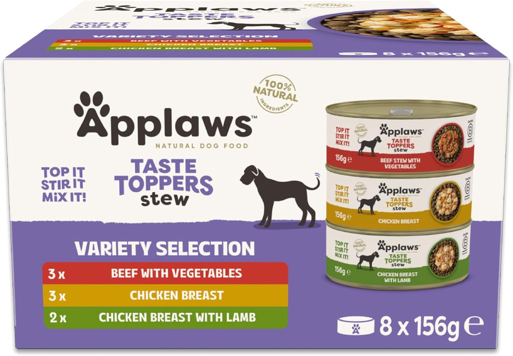 Applaws 100% Natural Wet Dog Food Tin, Grain Free Meat Selection with Vegetables in Stew Tin 8 x 156g Tins
