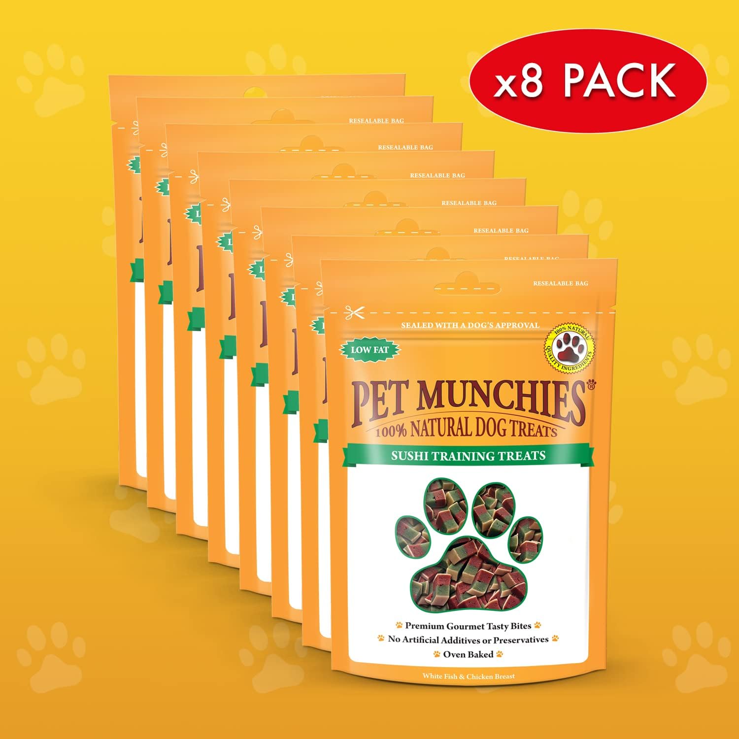 Pet Munchies Sushi Dog Training Treats, Oven Baked Tasty Bites with Natural Real Meat, Low in Fat 50g (Pack of 8)