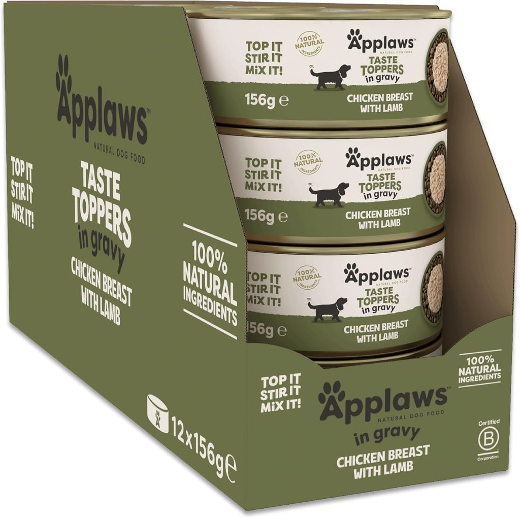 Applaws 100% Natural Wet Dog Food Tins, Grain Free Chicken and Lamb in Gravy, 156g (Pack of 12)