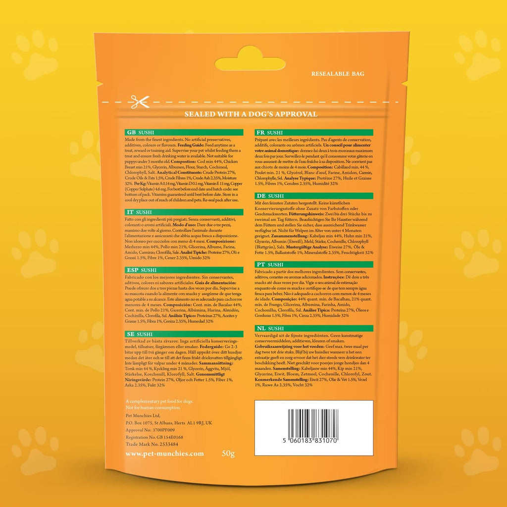 Pet Munchies Sushi Dog Training Treats, Oven Baked Tasty Bites with Natural Real Meat, Low in Fat 50g (Pack of 8)