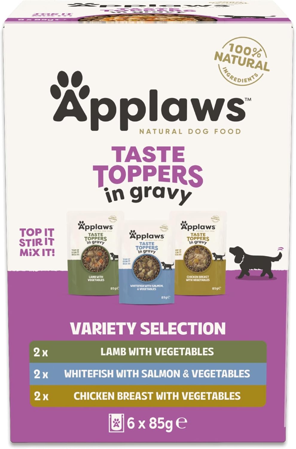 Applaws Natural Wet Dog Food Pouch, Grain Free Mixed Selection in Gravy 6 x 85g Pouches