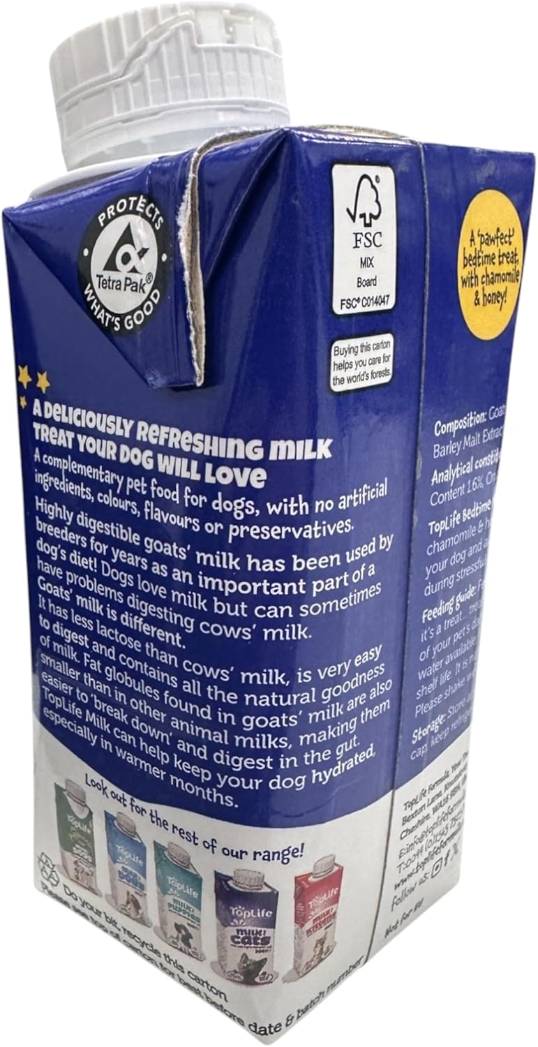 TopLife Bedtime Calming Milk for Dogs - Keeps Dogs Hydrated - Chamomile & Honey Goats' Milk, 12 x 200ml