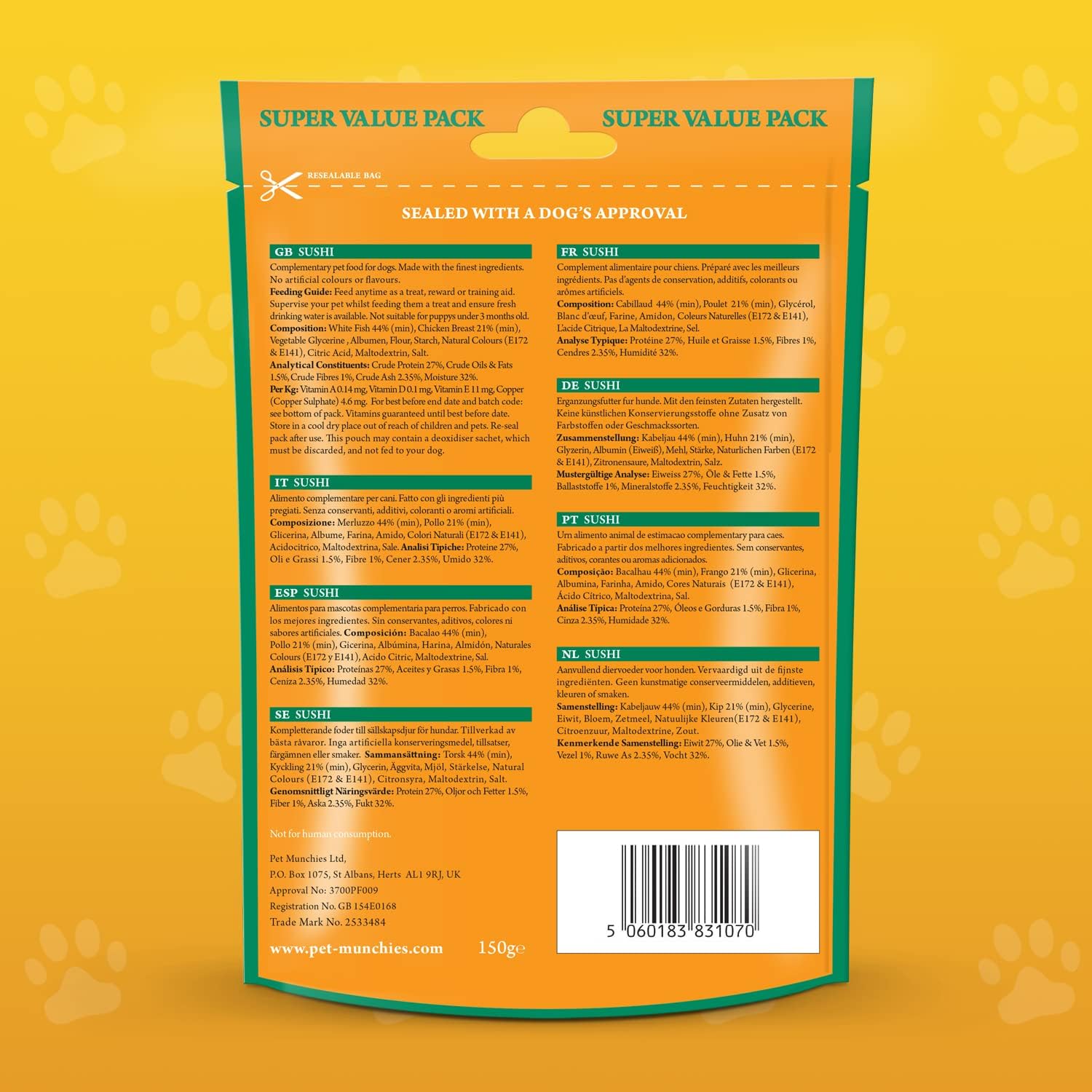 Pet Munchies Dog Training Treats Sushi 150g x 8