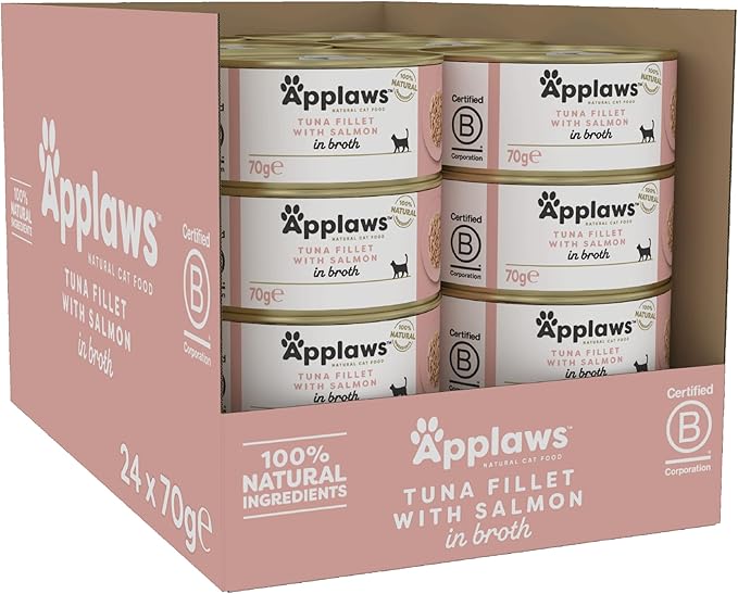 Applaws 100% Natural Wet Cat Food Tin, Tuna Fillet with Salmon in Broth 70g Tin (Pack of 24)