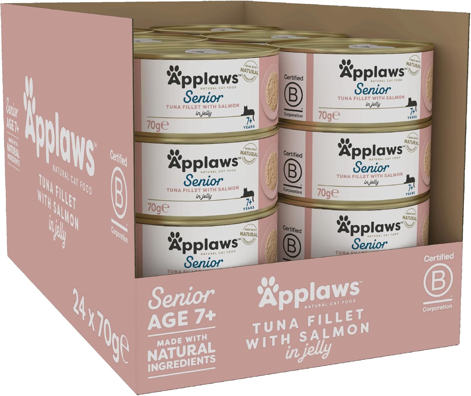 Applaws Natural Senior Wet Cat Food,Tuna with Salmon in a Soft Mousse Jelly 70g Tin (Pack of 24 x 70g Tins)