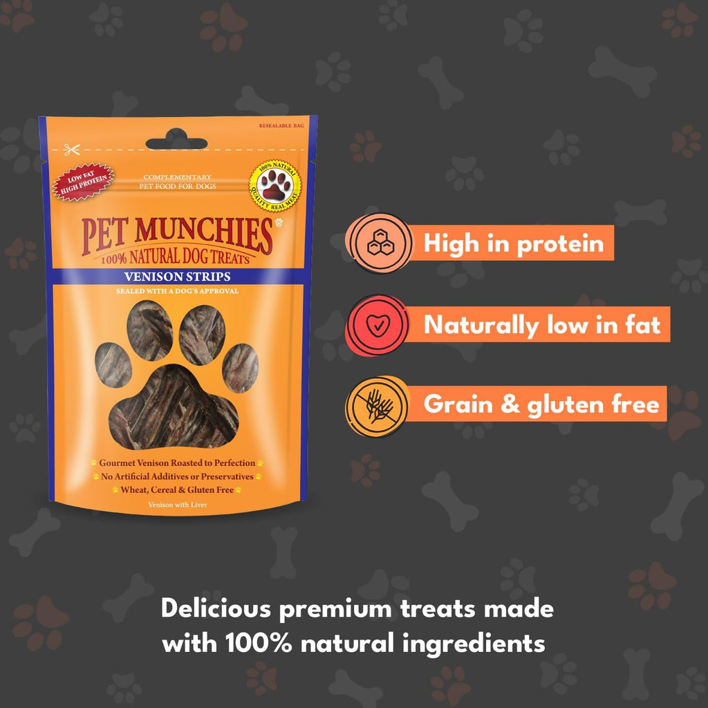 Pet Munchies Dog Treats Venison Strips 75g x 8
