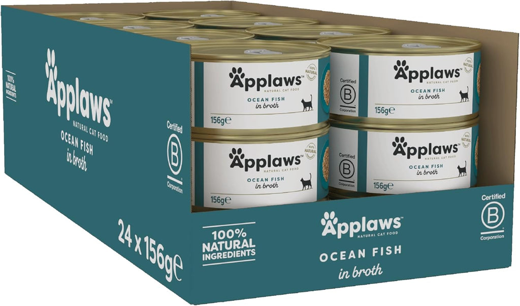 Applaws 100% Natural Wet Cat Food, Ocean Fish In Broth, 156g Tin (Pack of 24)