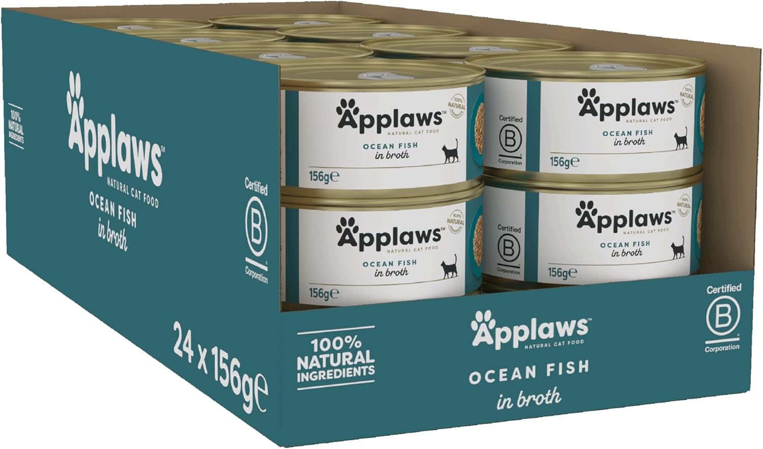 Applaws 100% Natural Wet Cat Food, Ocean Fish In Broth, 156g Tin (Pack of 24)