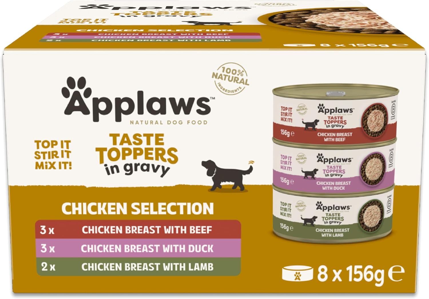 Applaws 100% Natural Wet Dog Food Tin, Grain Free Chicken and Meat Selection in Gravy 8 x 156g Tins