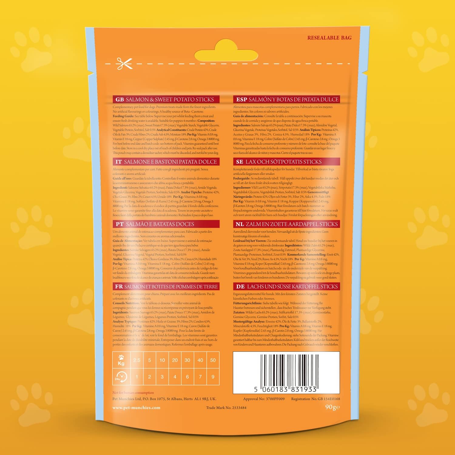 Pet Munchies Dog Treats Wild Salmon & Sweet Potato Dental Sticks 90g x 8