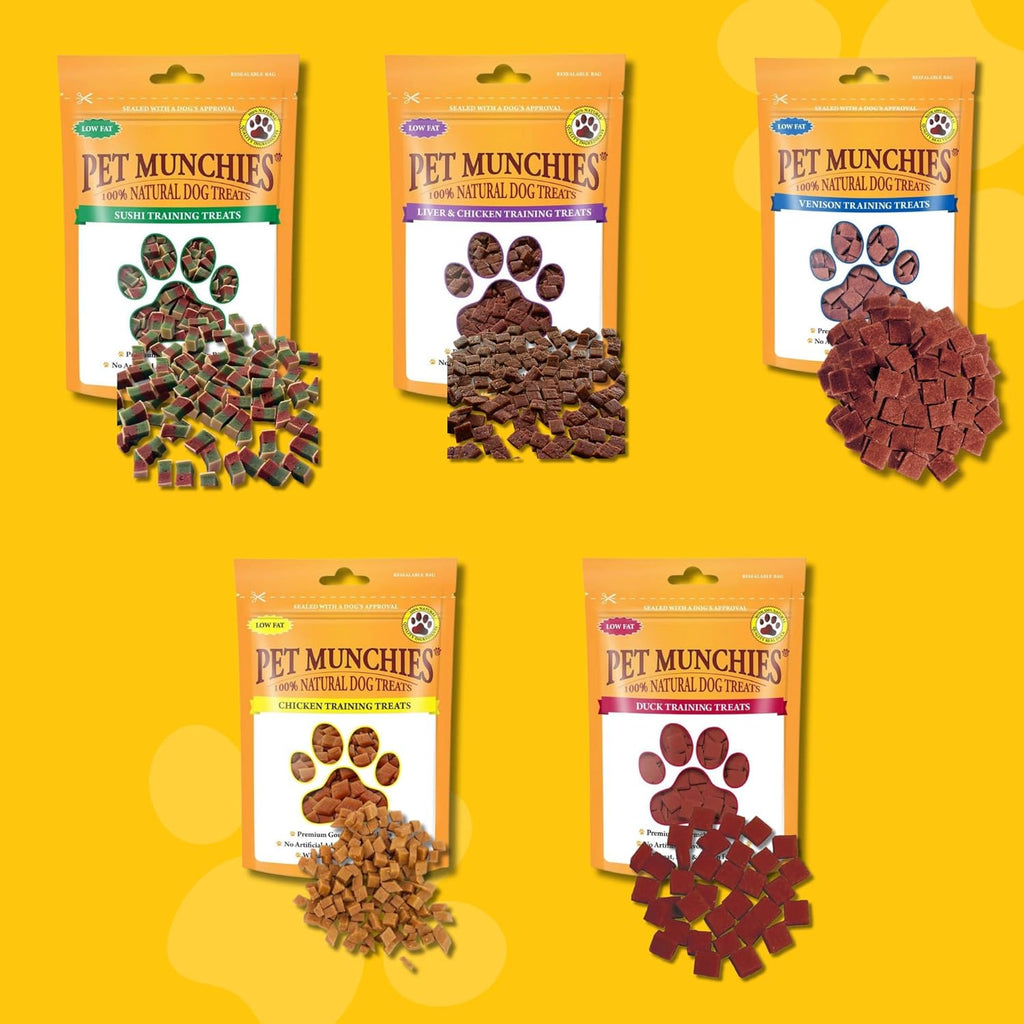 Pet Munchies Dog Training Treats – 10 Packs - 2 Each of 5 Flavours (Chicken, Chicken & Liver, Sushi, Duck, Venison)