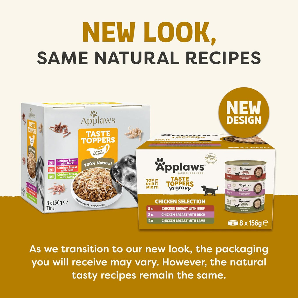 Applaws 100% Natural Wet Dog Food Tin, Grain Free Chicken and Meat Selection in Gravy 8 x 156g Tins