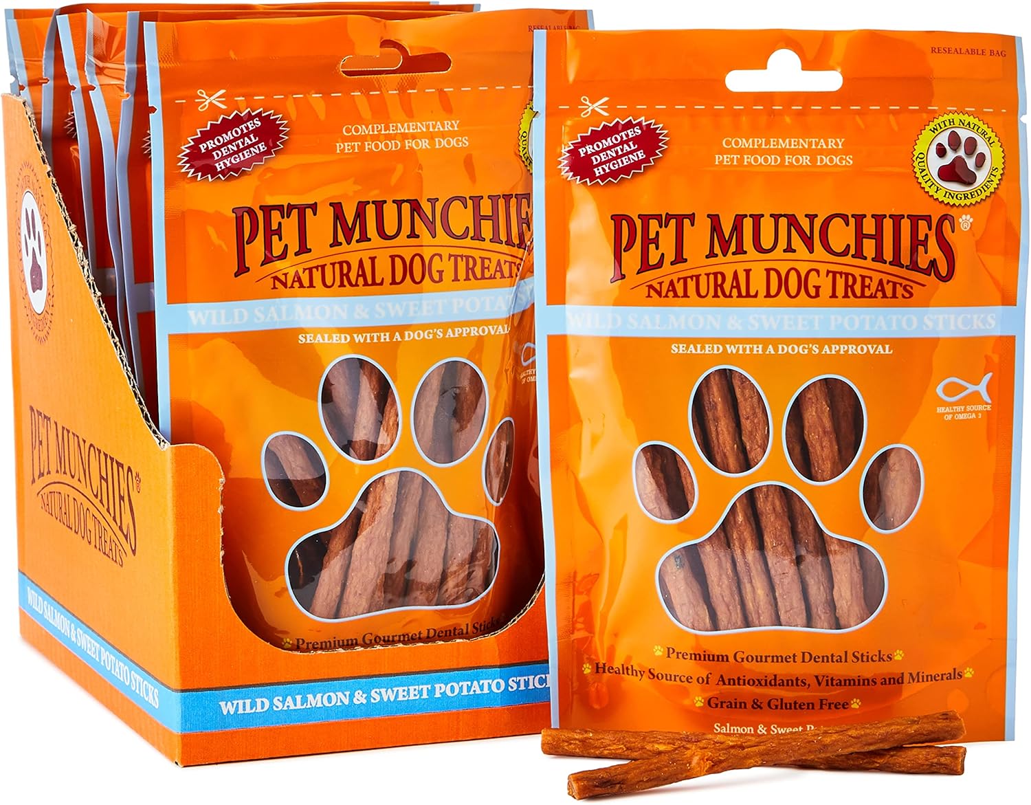 Pet Munchies Dog Treats Wild Salmon & Sweet Potato Dental Sticks 90g x 8